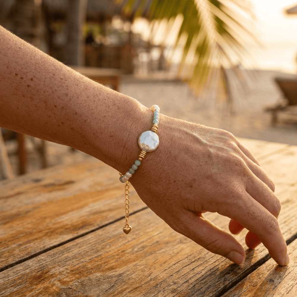 PULSERA AQUA PERLA DORADA
