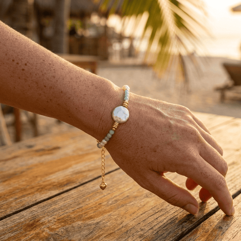 PULSERA AQUA PERLA DORADA