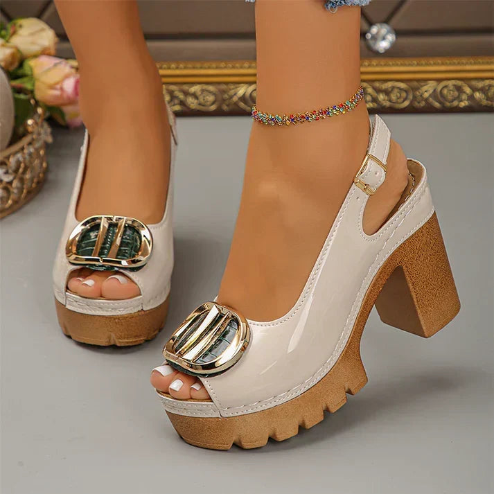 Eva - Sandalias peeptoe de tacón ancho con hebilla metálica