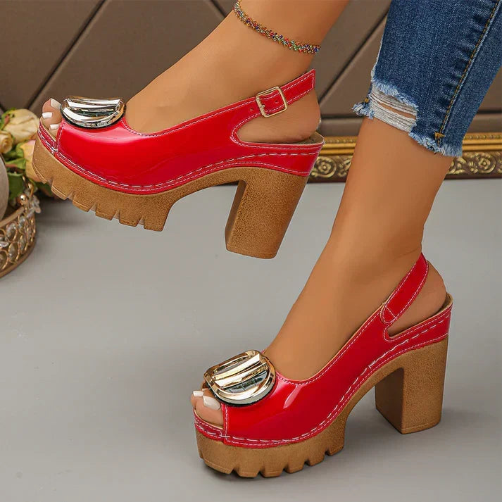 Eva - Sandalias peeptoe de tacón ancho con hebilla metálica