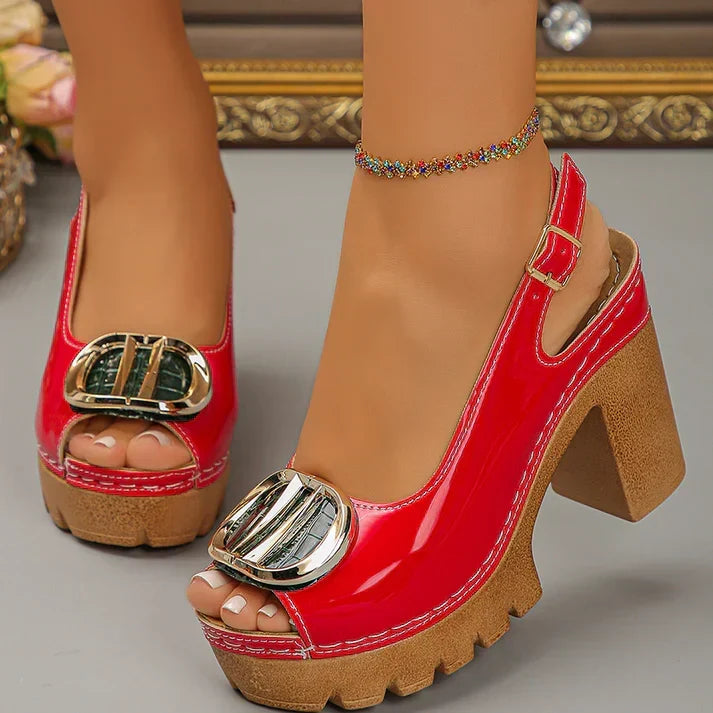 Eva - Sandalias peeptoe de tacón ancho con hebilla metálica